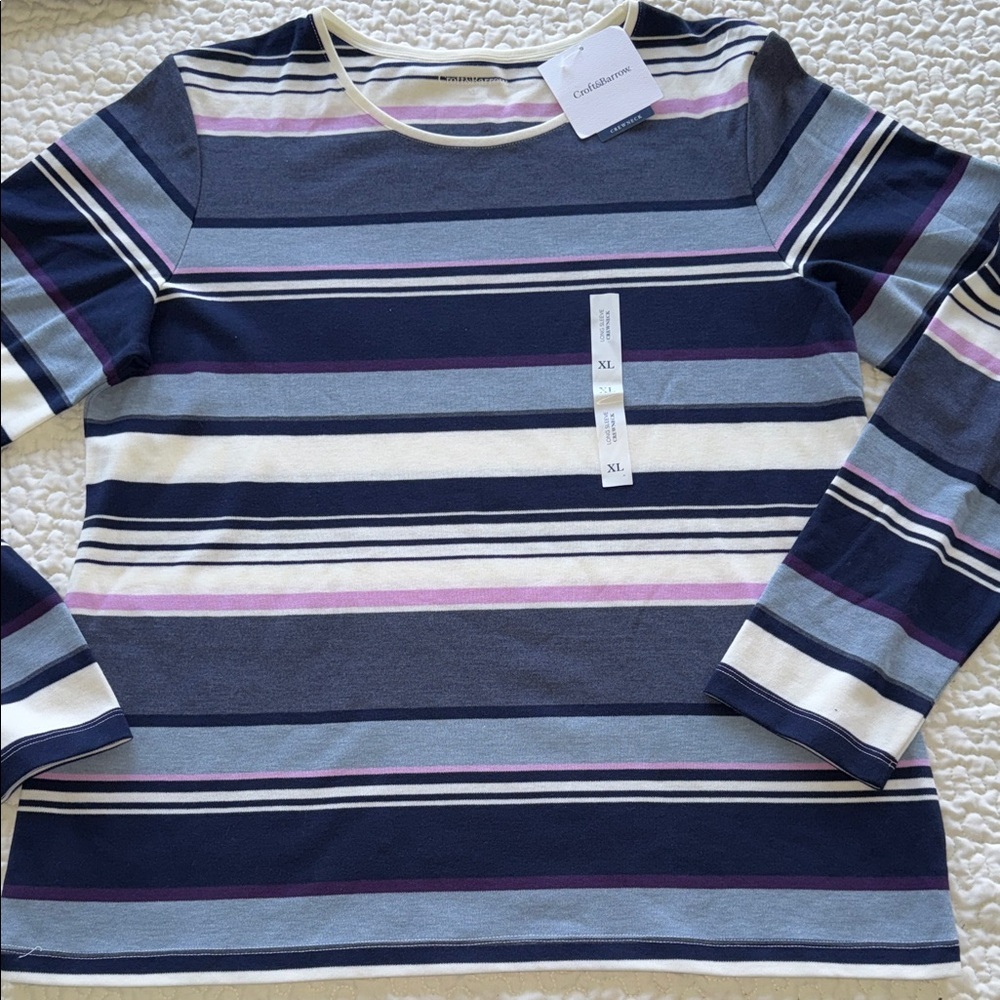 NWT Croft & Barrow Navy Multicolor Striped Long Sleeve Top Classic Preppy Sz XL